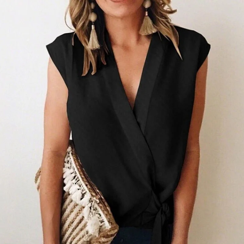 Back to school outfit Sonicelife  Fashion Women Elegant Shirt Solid Color Casual Lace Up Bow Female High Street V Neck Blouse Sleeveless Shirt Chiffon Blouse