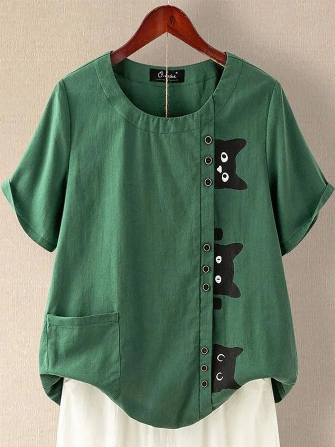 Women's Cat Print Short Sleeve Shirt