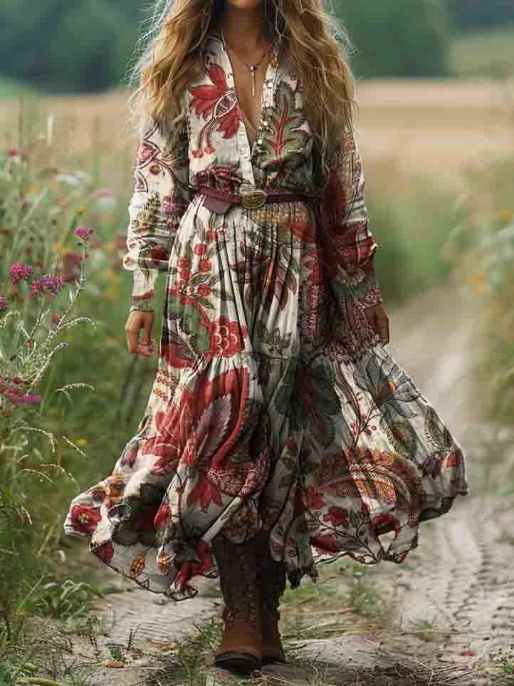 Women's Ethnic Floral Art Print Pocket Cotton Dress