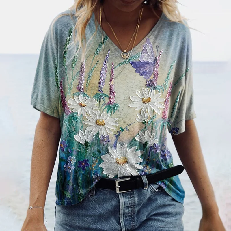 Oil Painting Flowers Printed Women's T-shirt