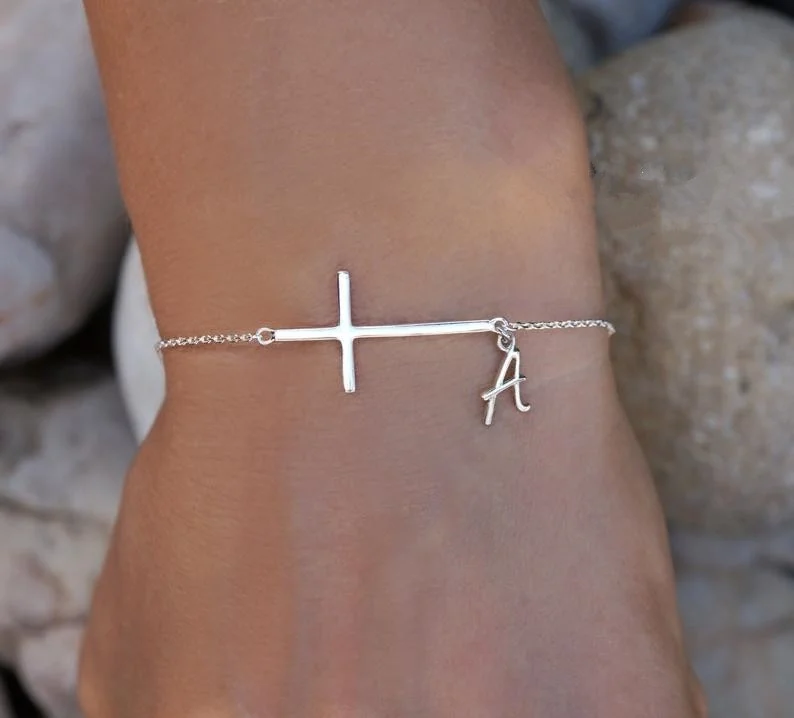 Sideways Cross Bracelet with Dainty Initial -  Initial Bracelet In Silver Plated
