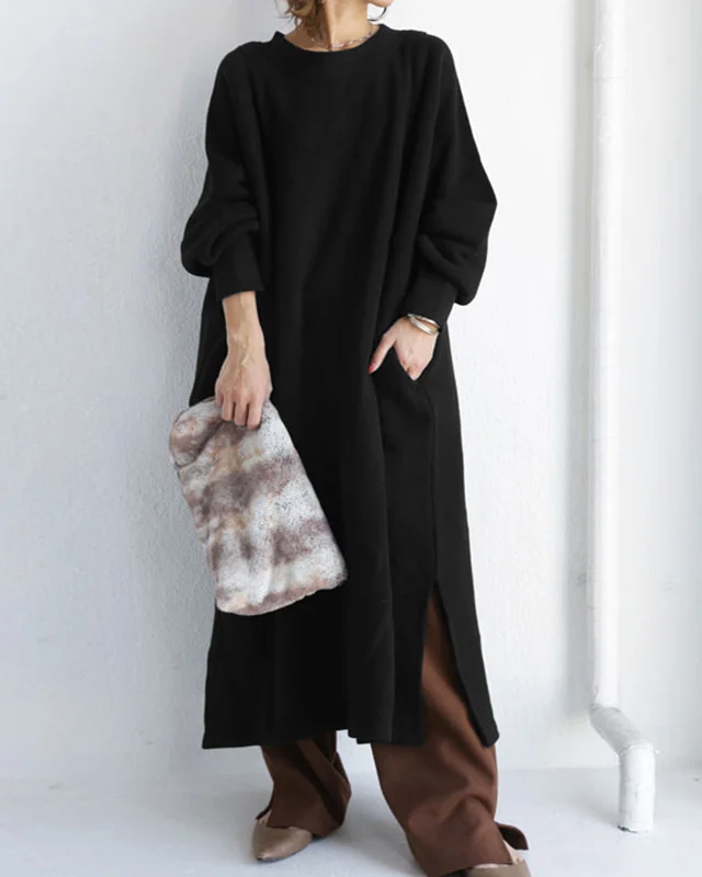 Solid Color Pullover Black Cotton Dress