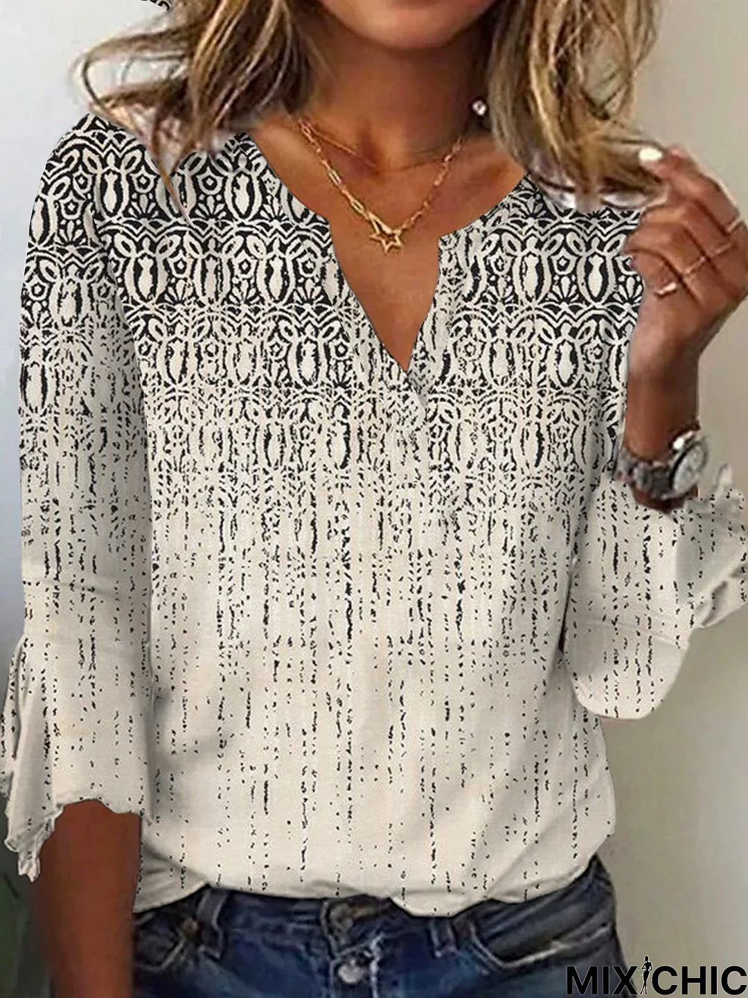 Women Casual Ethnic Autumn Polyester V neck Micro-Elasticity Daily Regular Regular Top