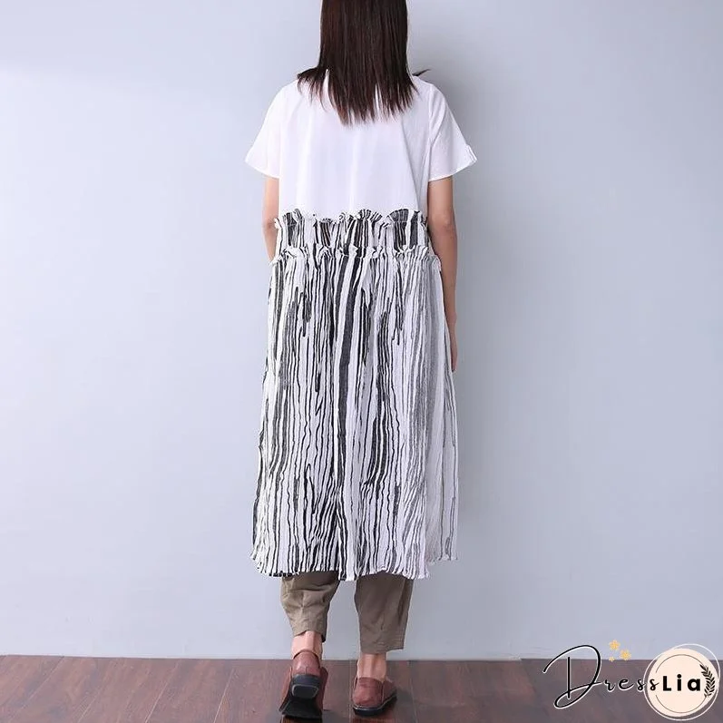 Summer Printing Women Folded Splicing White Dress