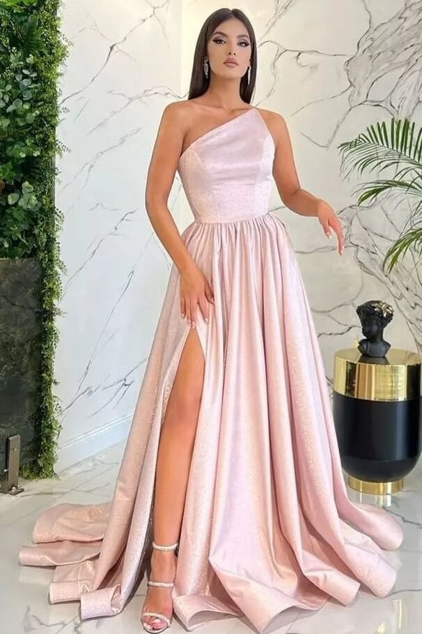 Chic Sleeveless Light Pink One Shoulder Evening Dress With Split | Ballbellas Ballbellas
