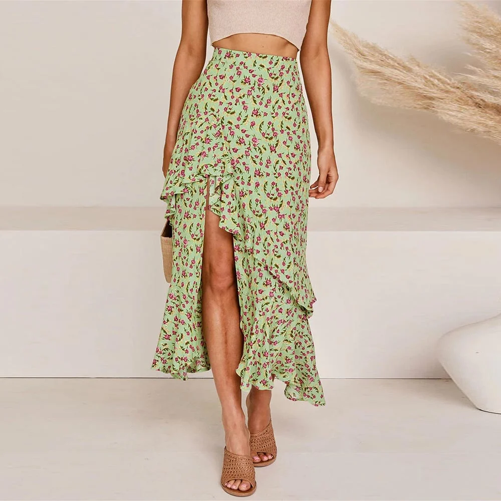 WildPinky Bohemian Black Ruffle Hem Wrap Floral Print Skirts Women Summer Elastic High Waist Ladies Irregular Long Skirt Female