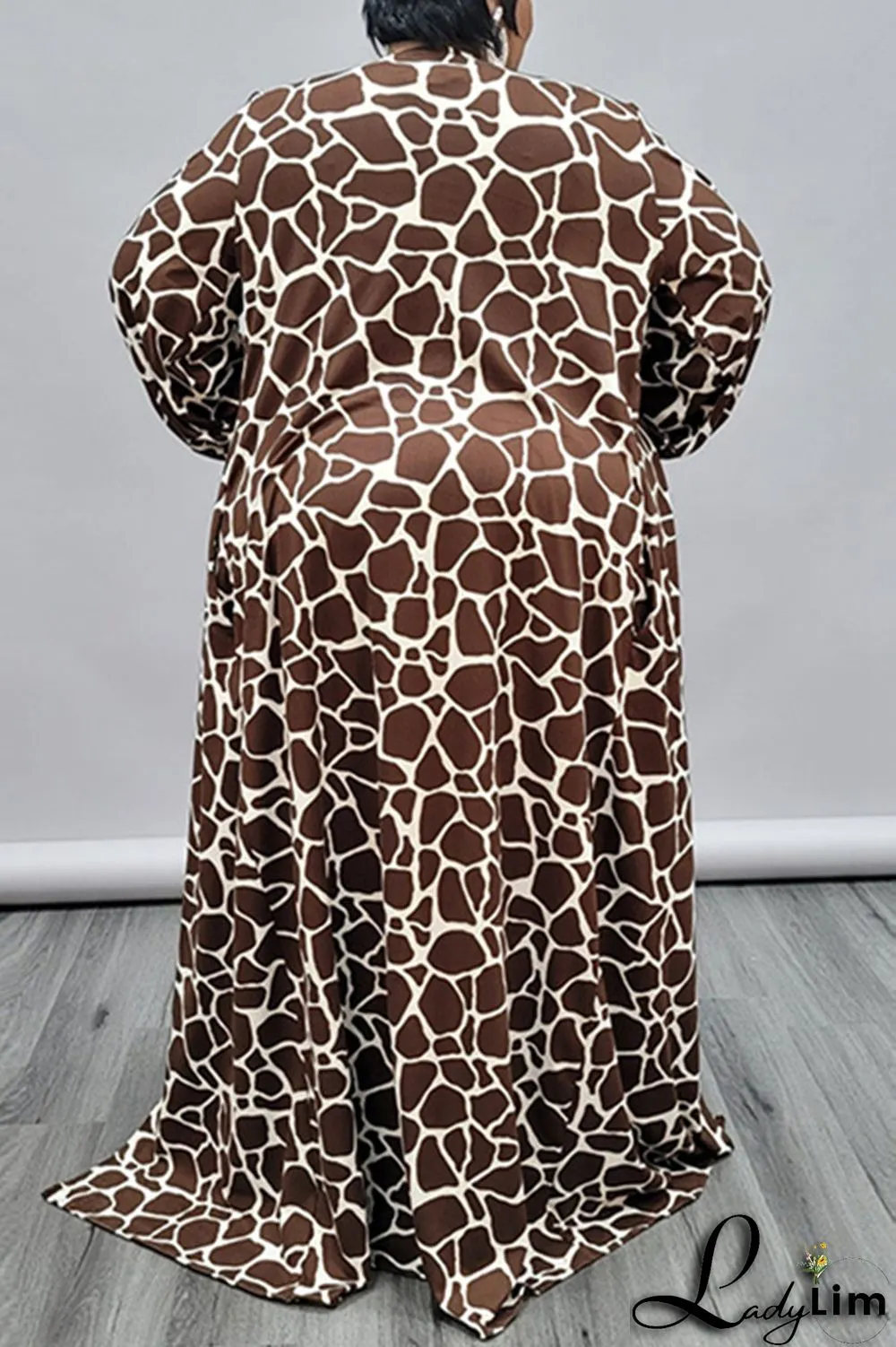 Brown Fashion Casual Print Cardigan Plus Size Overcoat