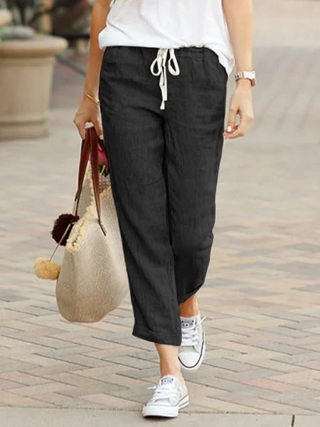 Drawstring Elastic Waist Cotton Linen Straight Trousers VangoghDress