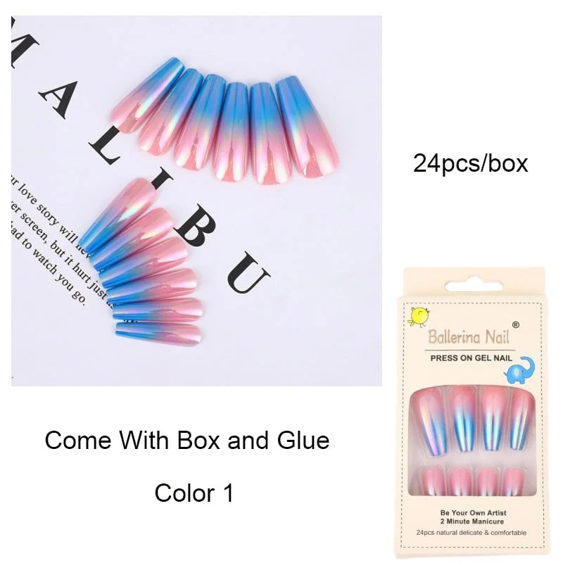24pcs Gradient Aurora Color Press on Nails Coffin with Box and Glue Full Cover Nail Tips Easy Use Fake Nails with Glue 2021