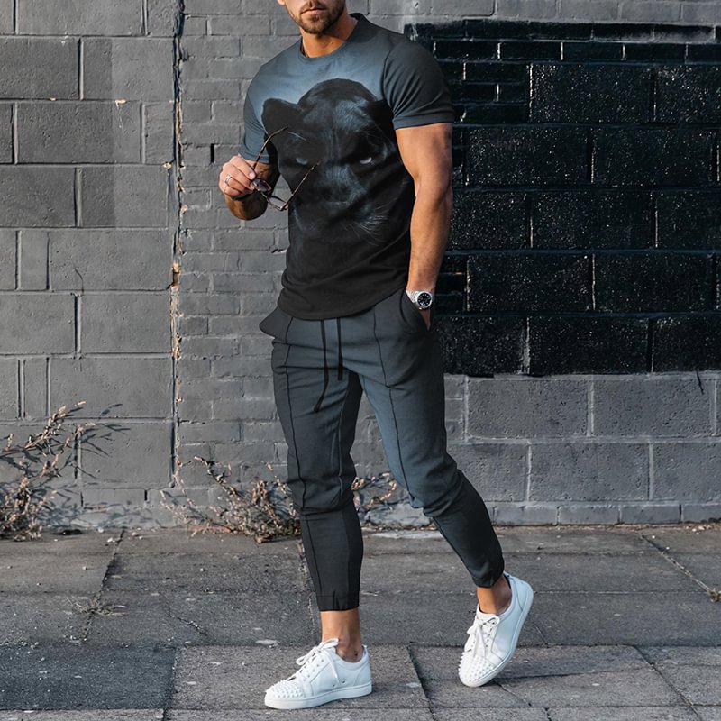 Men's Panther Casual Short Sleeve T-Shirt And Pants Co-Ord
