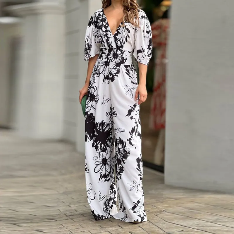 Brownm Brownm 2024 New Women's Ins Fashion Elegant Print Bat Sleeve Waist V Neck Women's Jumpsuit