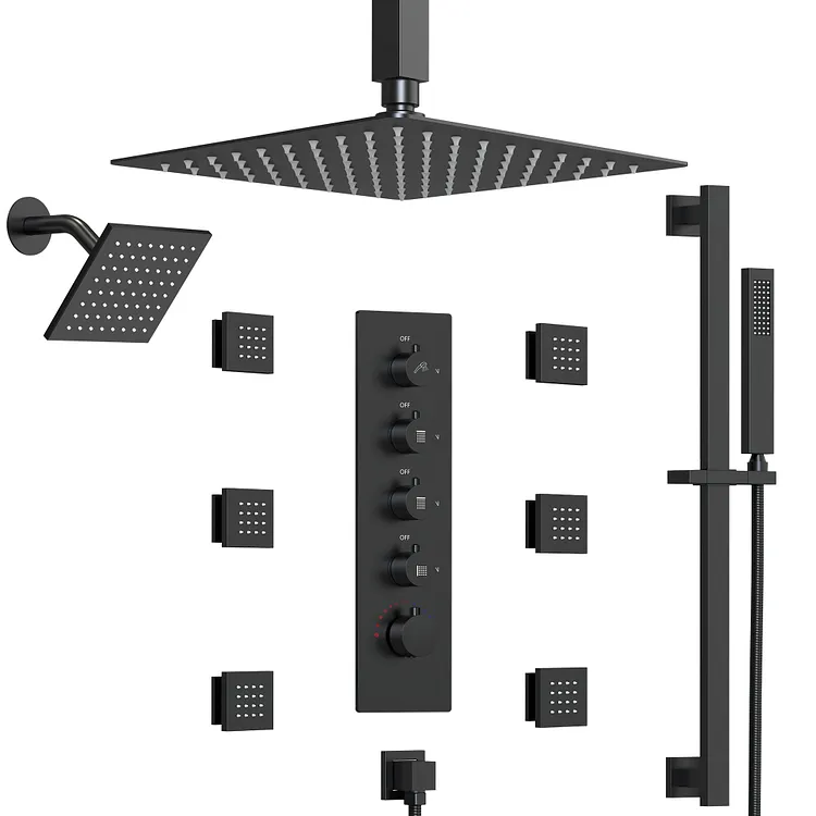 EVERSTEIN Thermostatic Rainfall Bathroom Shower System in Matte Black, 16 In.