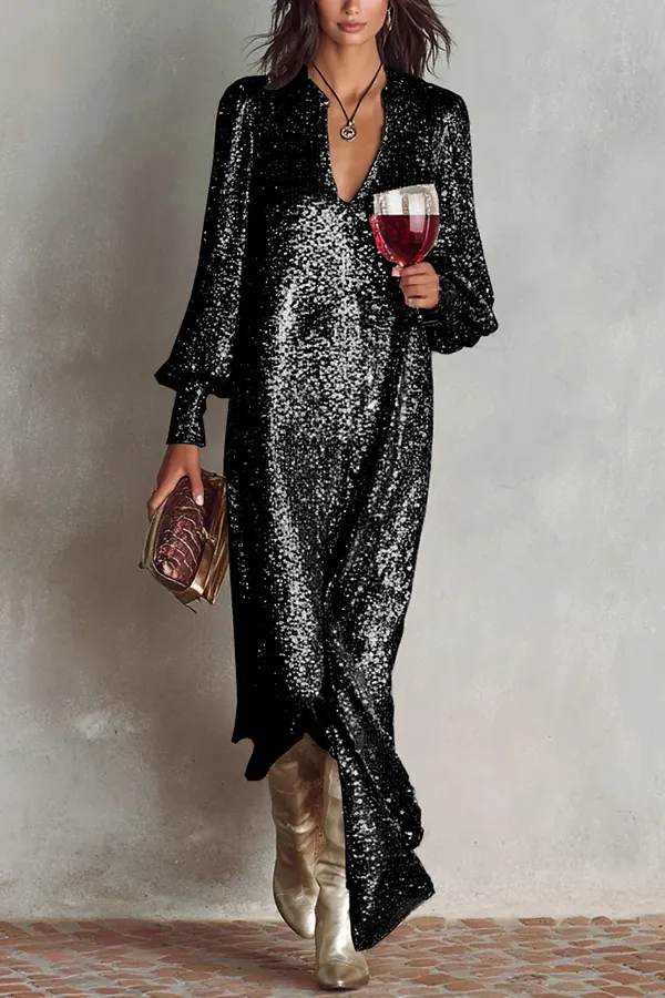Minimalist Sparkling Sequin V-neck Long Balloon Sleeve Slit Party Maxi Dress