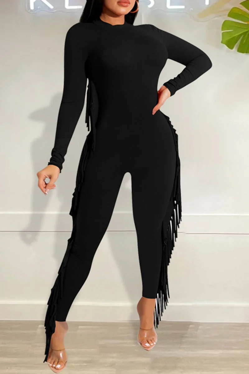 Fashion Casual Solid Tassel Split Joint O Neck Regular Jumpsuits