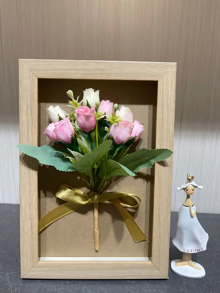 Pink-White Rose Realistic Framed Bouquet (6.7*9.6 in) - Desktop 3D Decor Ornament