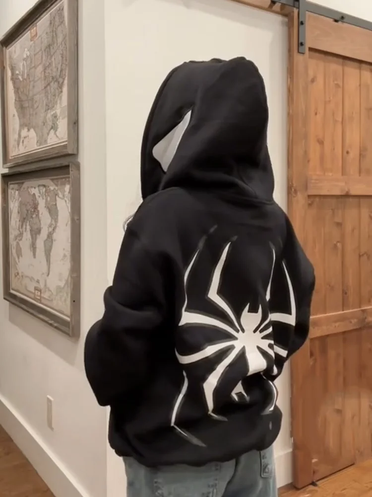 Streetwear Hoodie Spider Punk Zip Hoodie Graphic Oversized Sweatshirt-VESSFUL