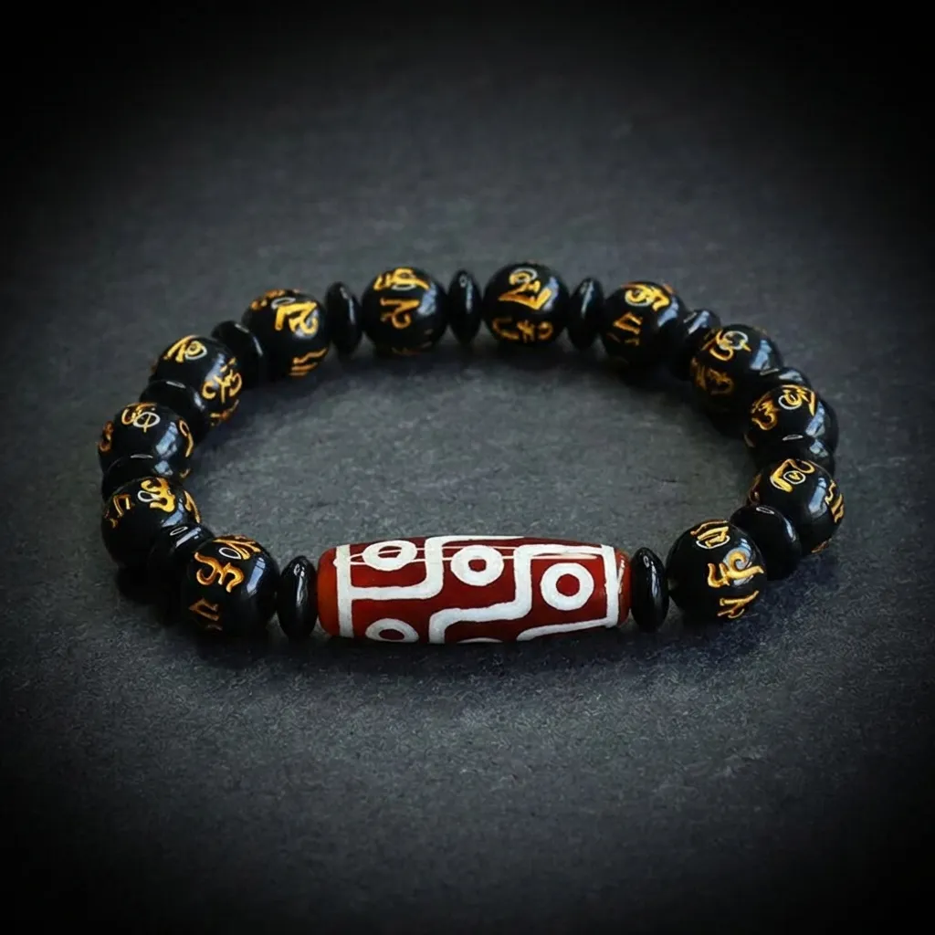 JiStones Ancient Guardian: Nine-Eyed Dzi & Mantra Agate Bracelet Mystic Black & Sacred Red Pattern-10mm Bead Diameter