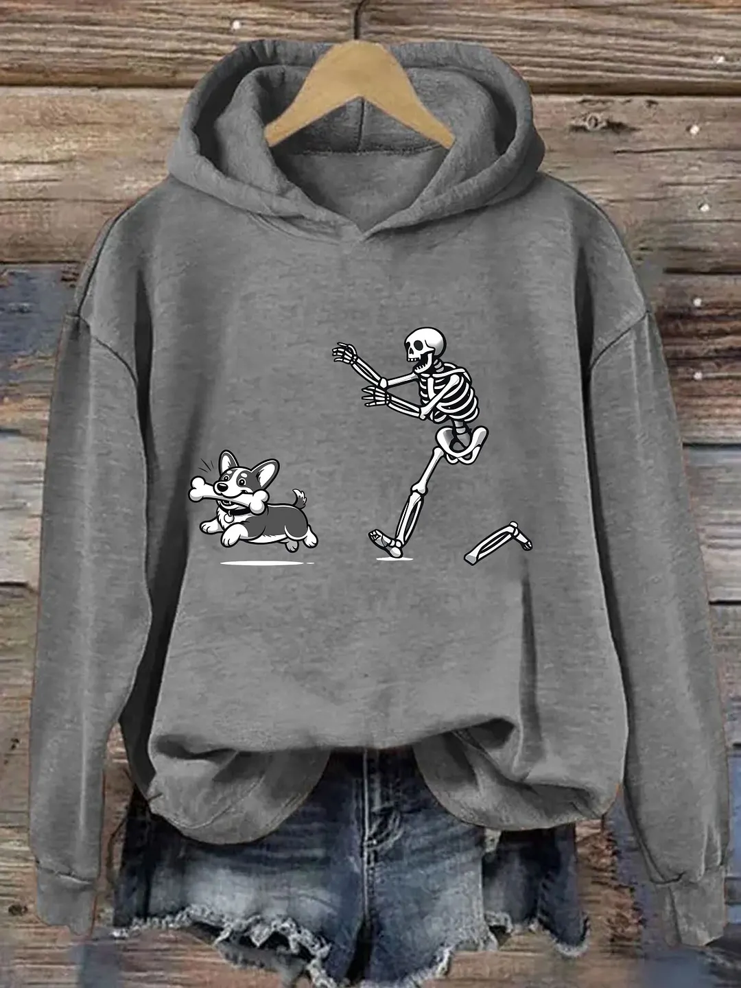 Funny Skeleton Chasing Corgi Hoodie