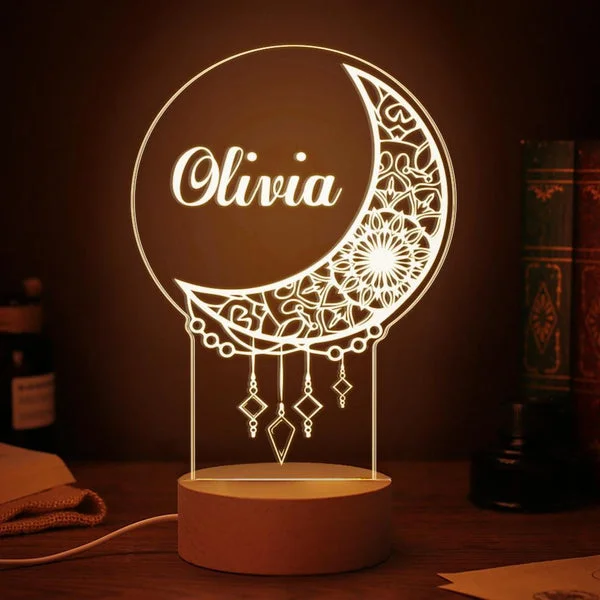 Personalized Moon Wooden Night Light Custom Name Gifts For Kids