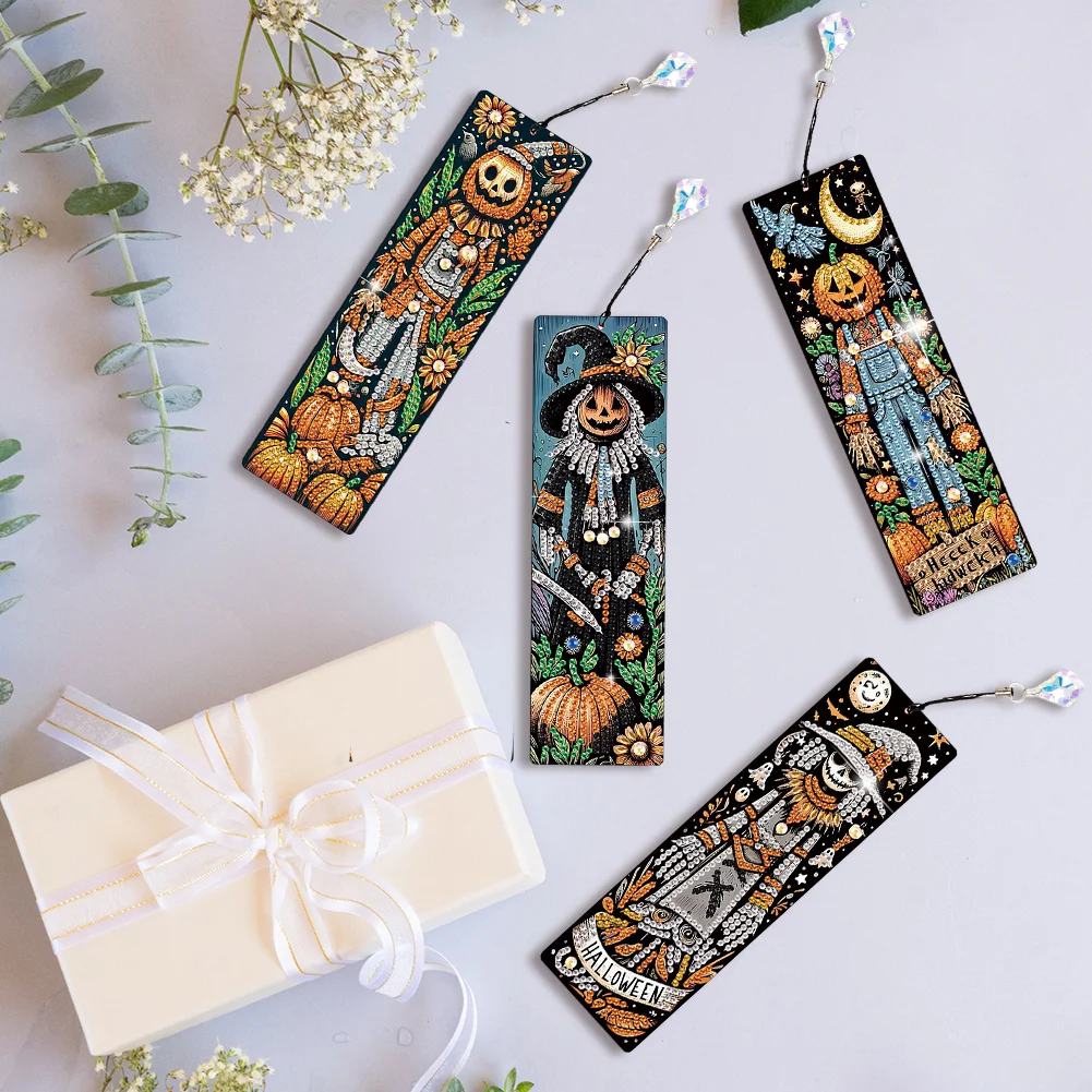4Pcs Halloween Pumpkin Skull Themed DIY Diamond Painting Bookmark for Book Lover