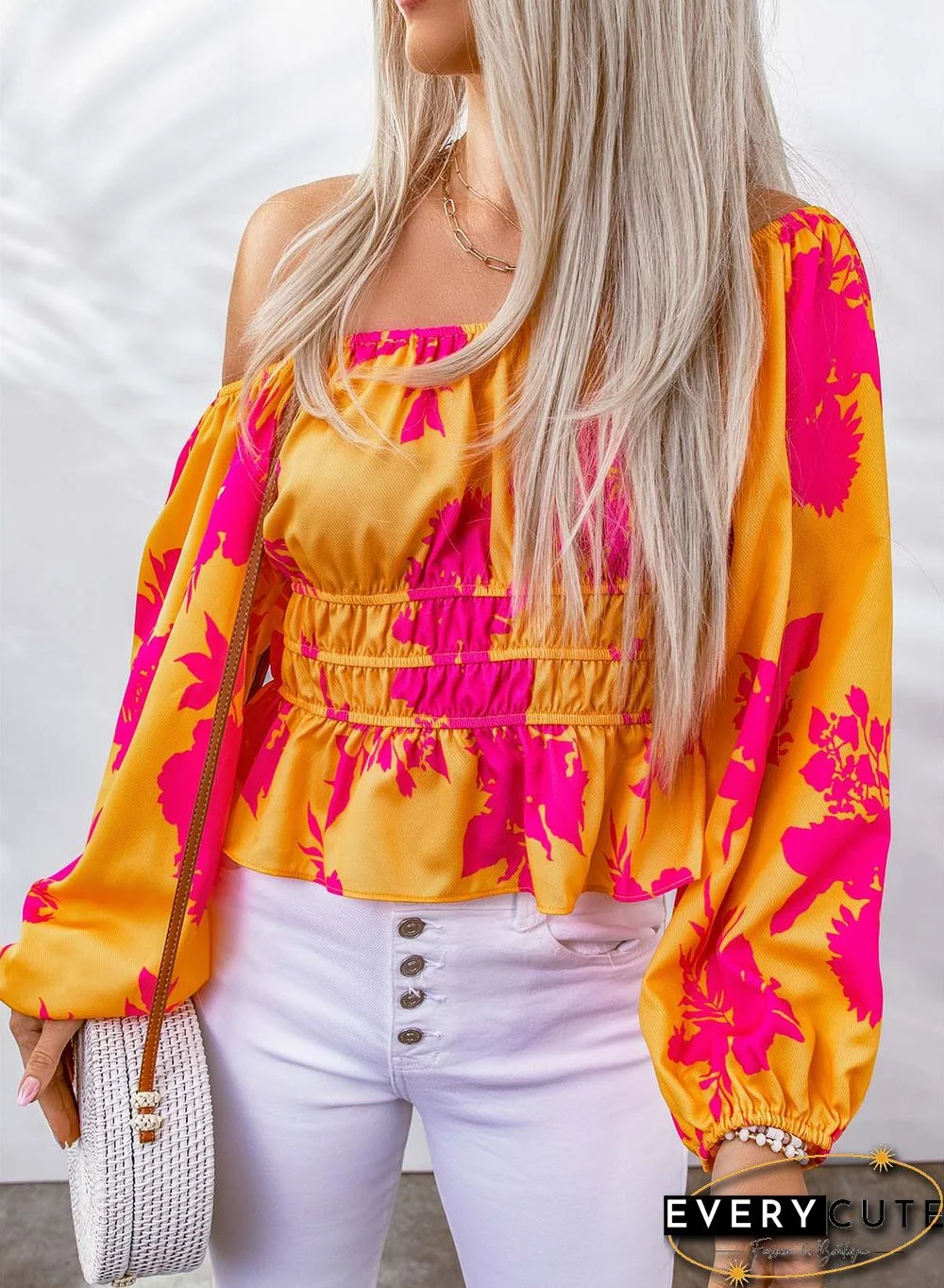 Yellow Floral Print Off Shoulder Puff Sleeve Blouse