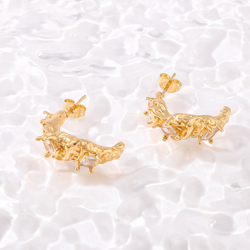 IG Style Zircon Asymmetrical Pleated Geometric Stainless Steel Electroplating Earrings