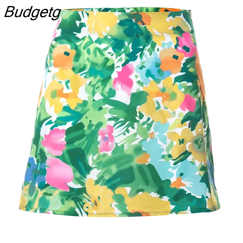 Budgetg Casual Bohemian Bodycon Bottoms Summer High Waist Painted Pattern Slim A-line Short Mini Skirts Women For Party Beach