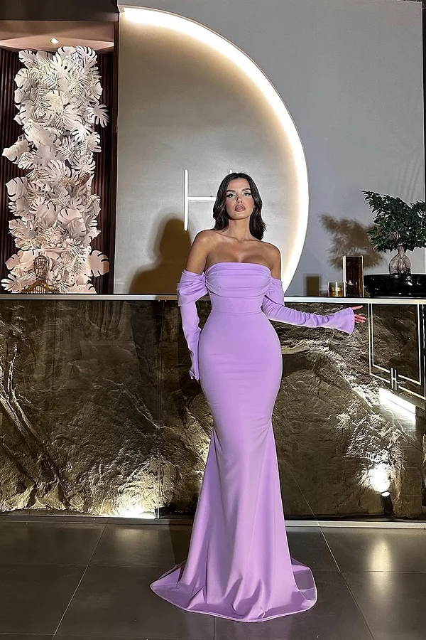 Daisda Purple Long Sleeves Square Strapless Mermaid Prom Dress