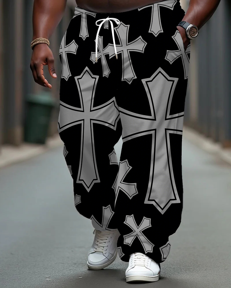 Men's Casual Simple Cross Printed Big and Tall Pants with Pockets & Drawstring