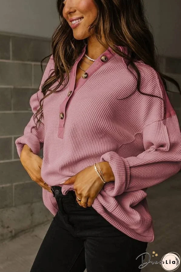 Smoke Green Waffle Patchwork Drop Sleeve Henley Top