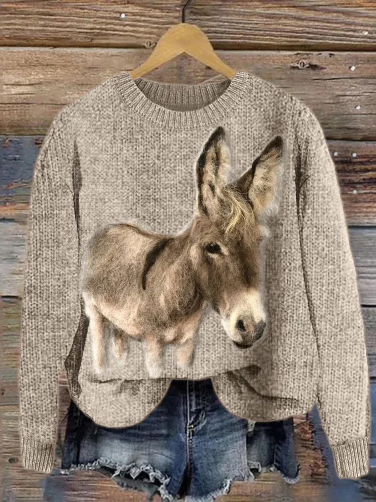VChics Fuzzy Donkey Felt Art Cozy Knit Sweater
