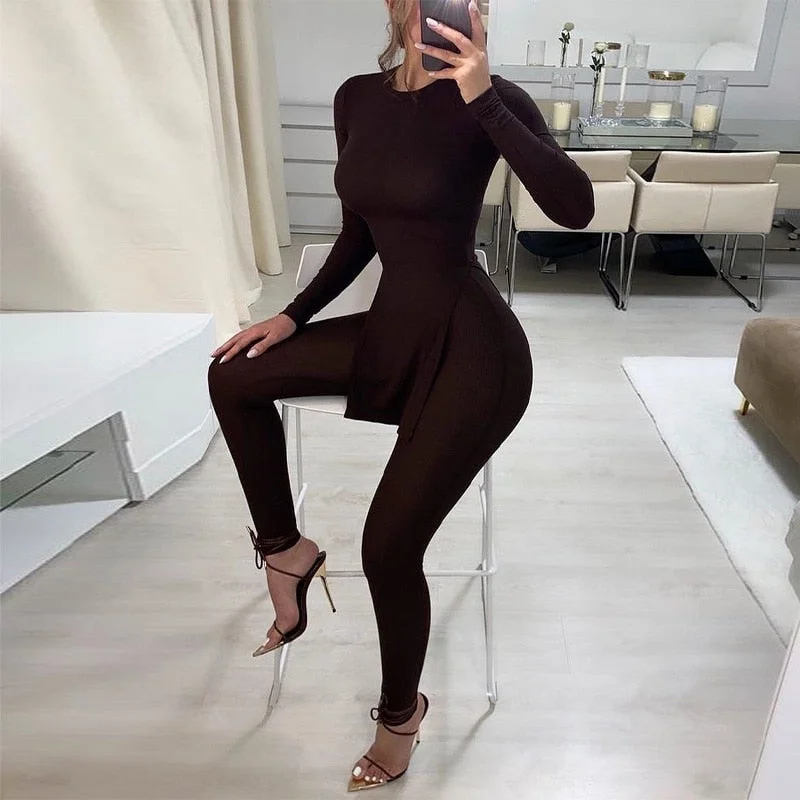 Articat Rib Knitted Casual Solid Two Pieces Sets Women Long Sleeve Sided Split T Shirt Long Pants Outfits Slim Tracksuit Female