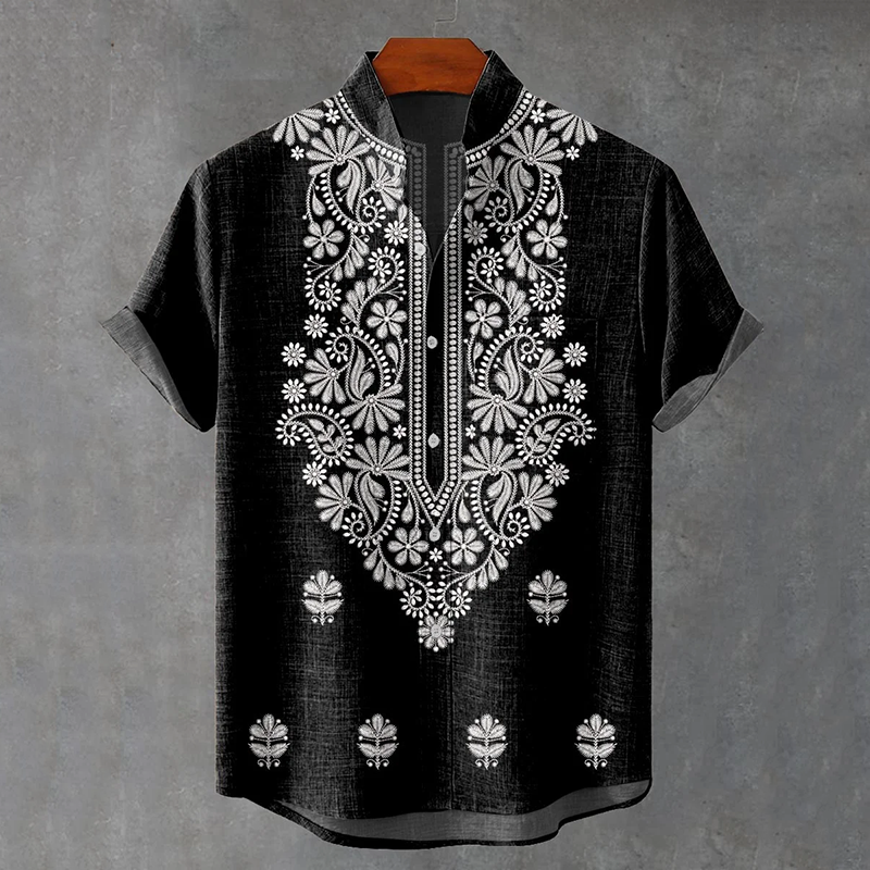 Vintage Ethnic Art Floral Geometric Stripe Art Print Casual Shirt