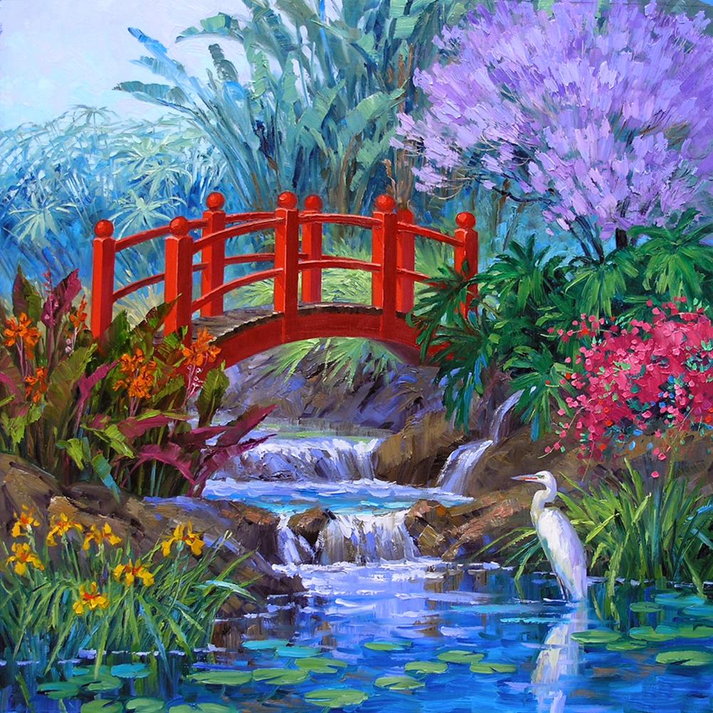Пейзаж с мостиком живопись