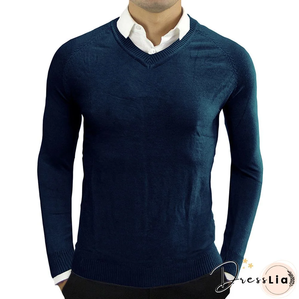 Men V Neck Long Sleeve Knitted Pullover Sweater