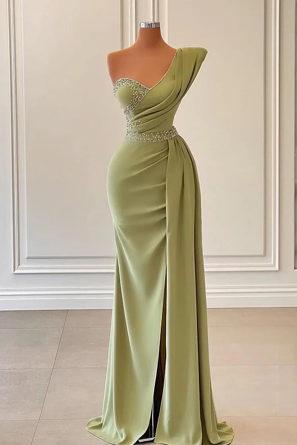 Daisda Green Sleeveless One-Shoulders Strap Beads Mermaid Prom Dress