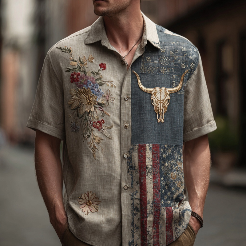 Men's Bull Skull Embroidered Vintage Patchwork Linen Shirt elevenforest