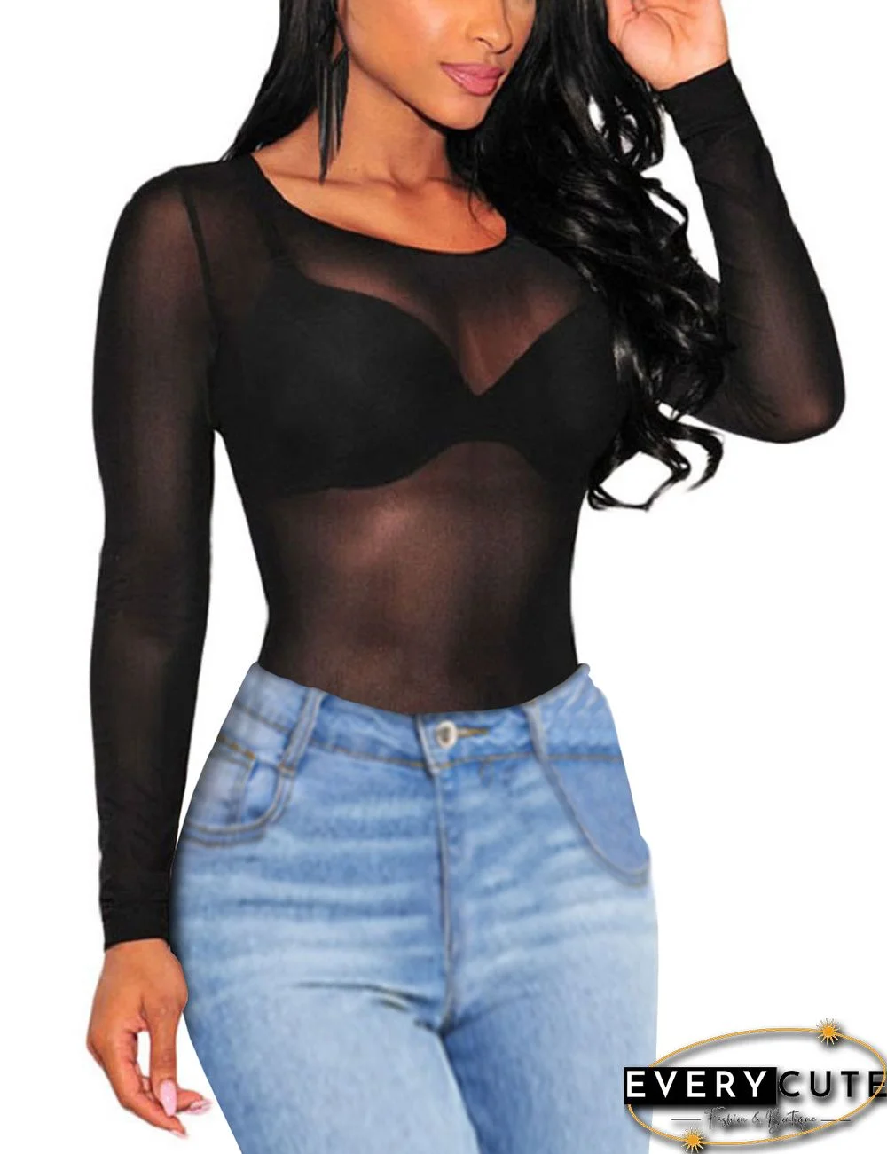 Black Sheer Mesh Long Sleeve Tops