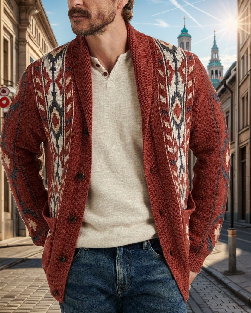 Men's Lapel Jacquard Cardigan Sweater