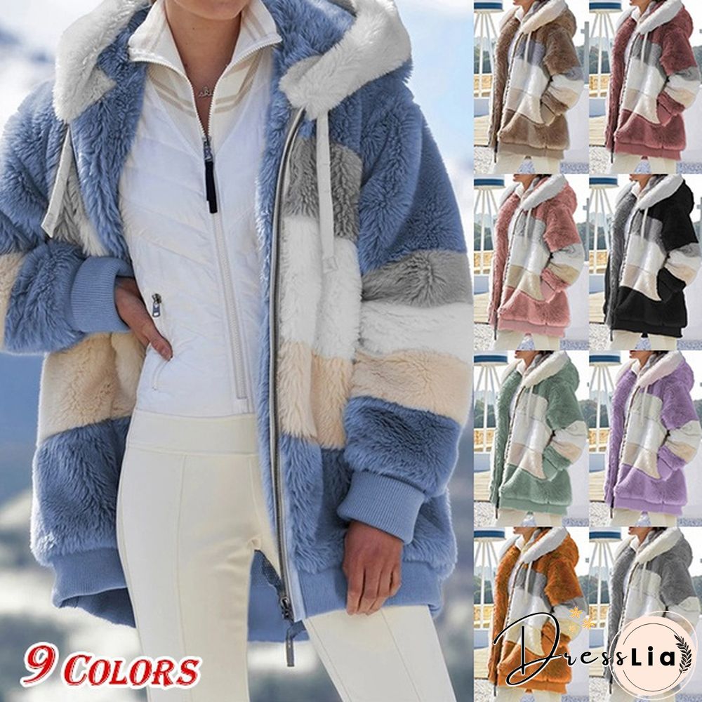 New Winter Womens Jacket Hooded Warm Plush Loose for Women Patchwork Outerwear Faux Fur