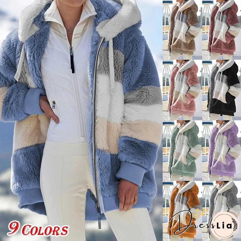 New Winter Women's Jacket Hooded Warm Plush Loose Jacket for Women Patchwork Winter Outerwear Faux Fur Zipper Ladies Parka Coat Plus Size