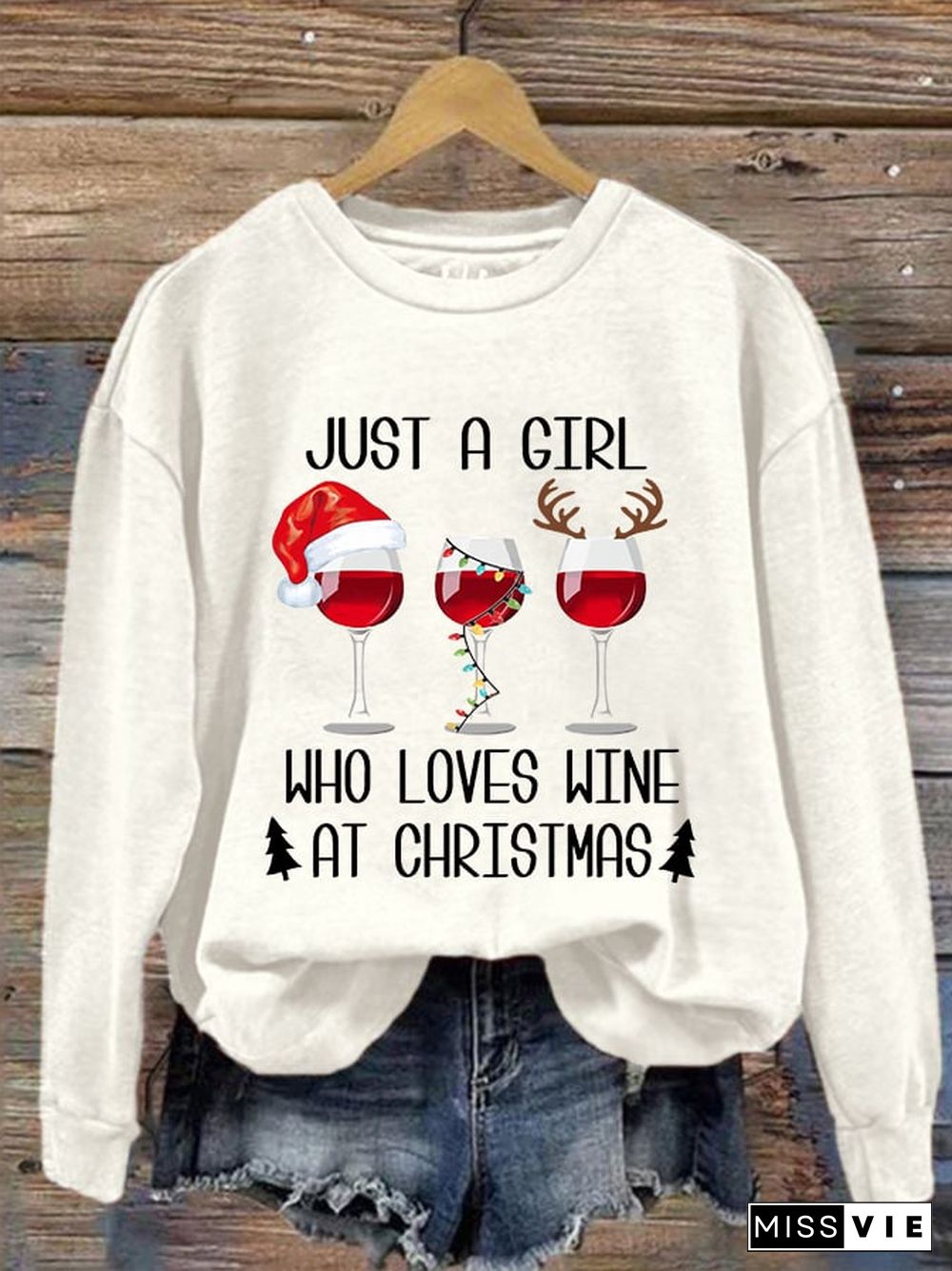 Women's Just A Girl Who Loves Christmas Red Wine Glass Print Crew Neck Sweatshirt