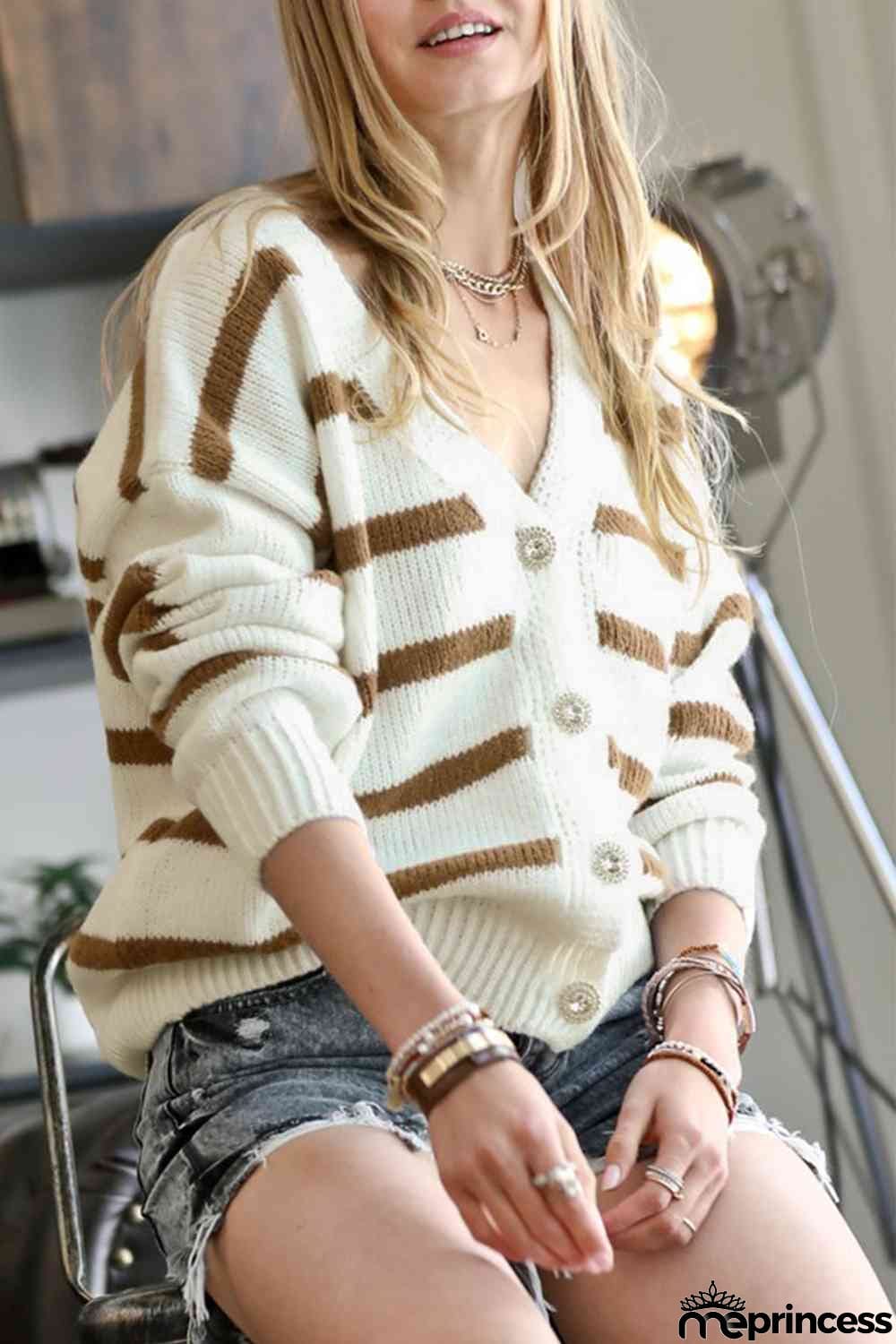 Striped V-Neck Button Down Cardigan