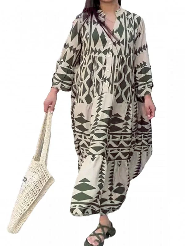 Style & Comfort for Mature Women Women Long Sleeve V-neck Printed Maxi Dress