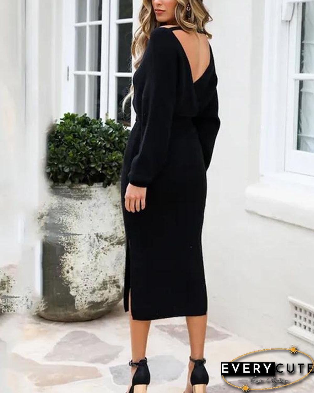 Knitting V Neck Split Sweater Dress