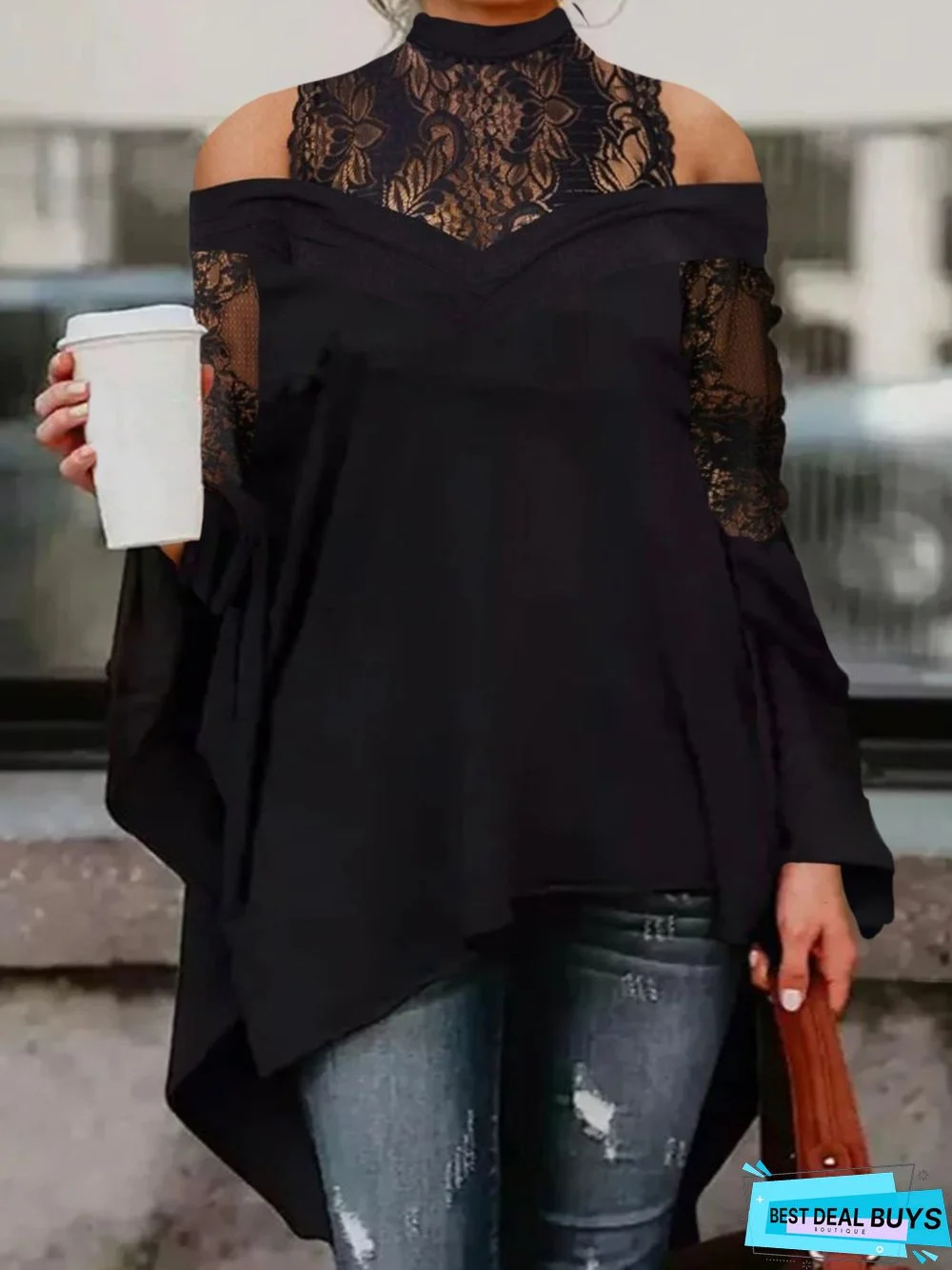 Cold Shoulder Long Sleeve Lace Party Plain Tunic T-Shirt