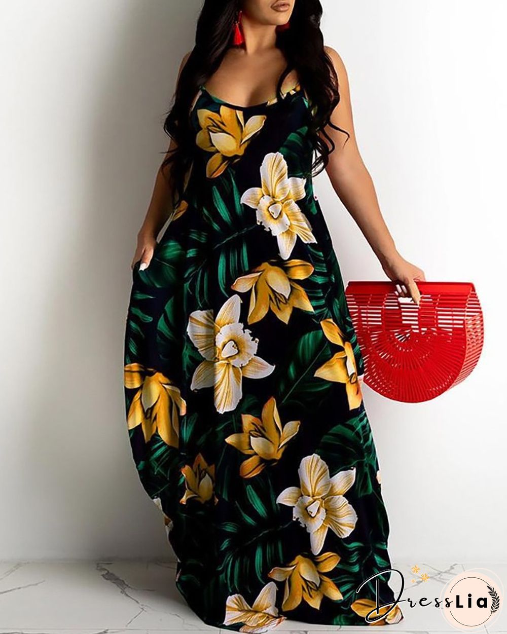 Floral Leaf Print Spaghetti Strap Maxi Dress