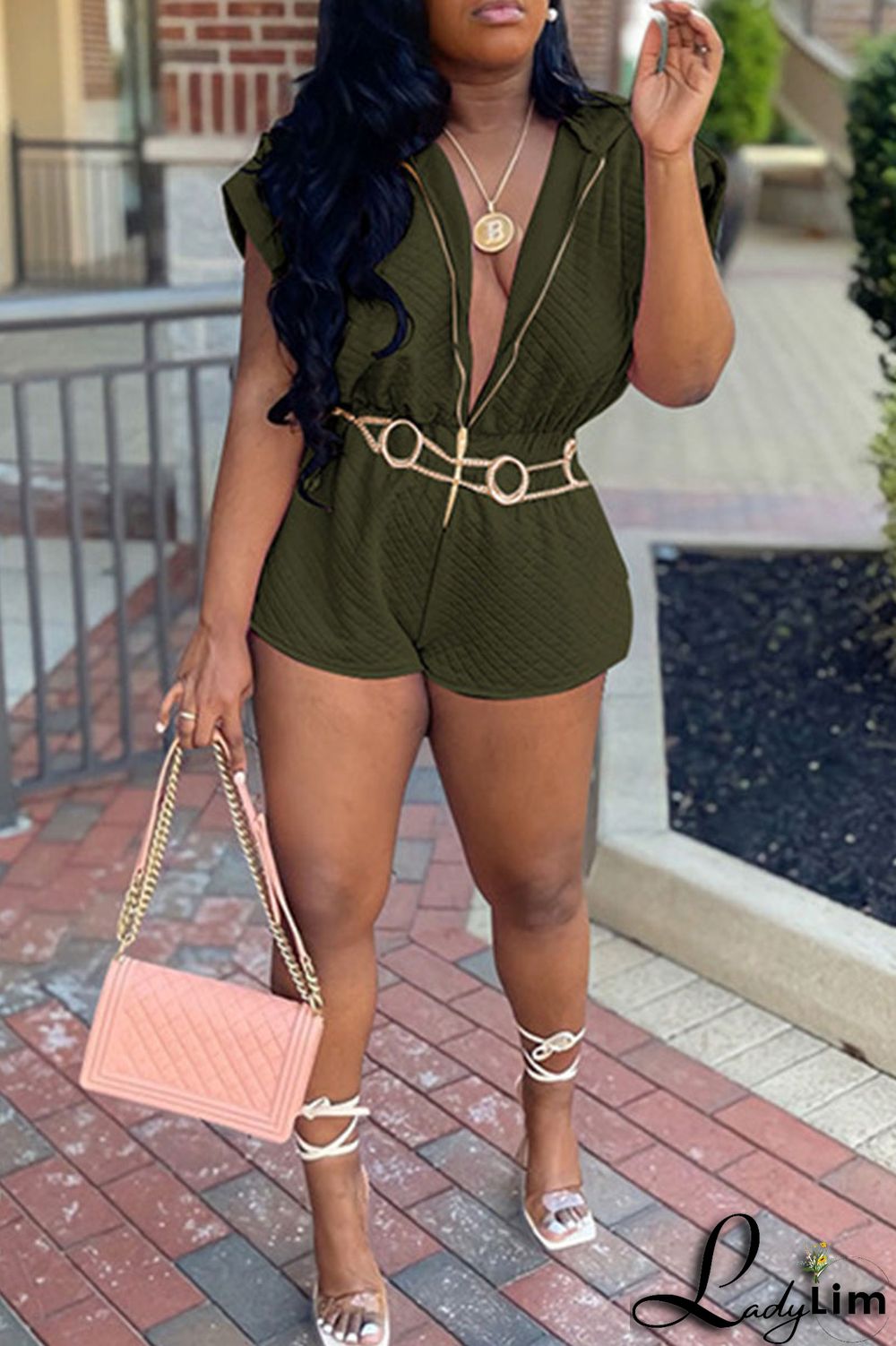 Army Green Casual Solid Patchwork Zipper Hooded Collar Straight Jumpsuits