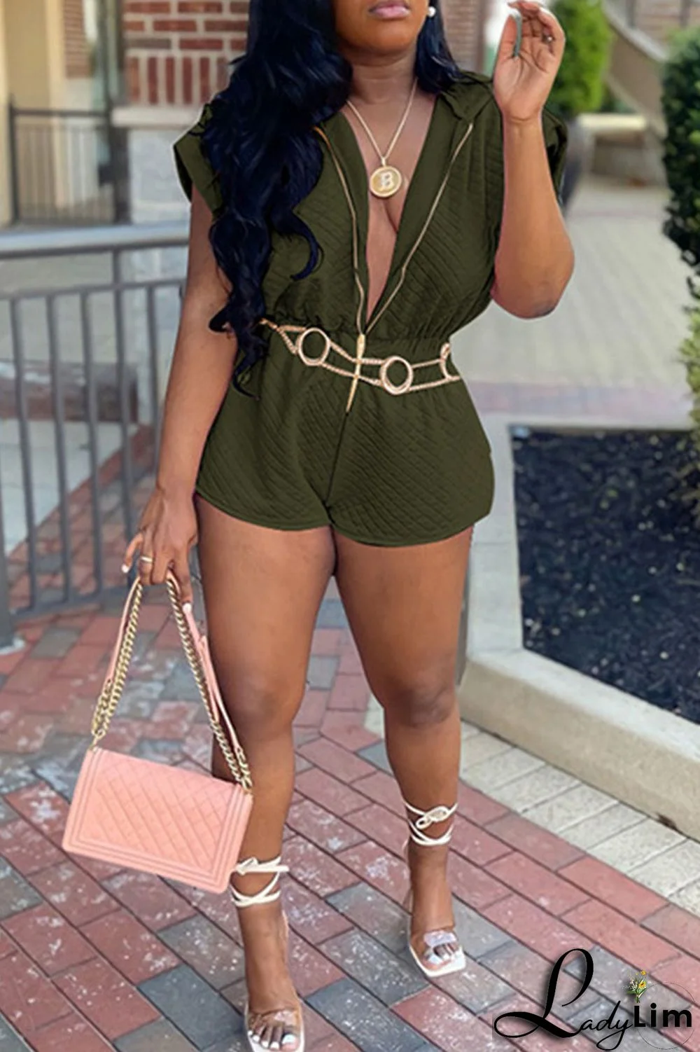 Army Green Casual Solid Patchwork Zipper Hooded Collar Straight Jumpsuits