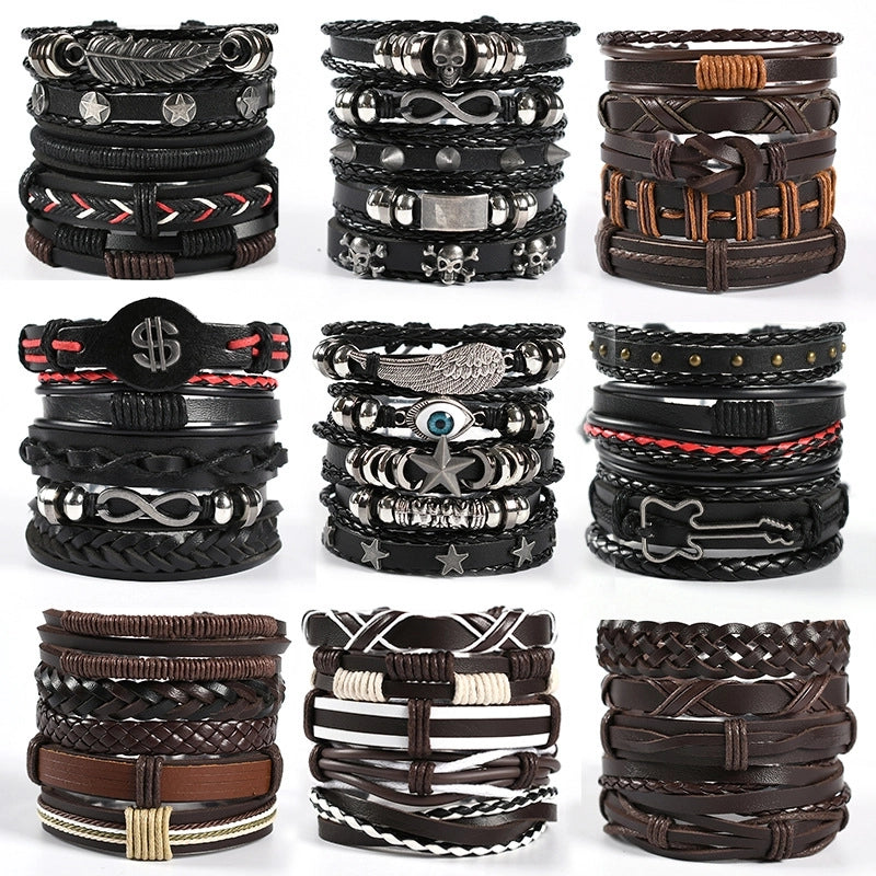 Hip-Hop Retro Punk Infinity Skull Pu Leather Alloy Wooden Beads Halloween Men's Bracelets